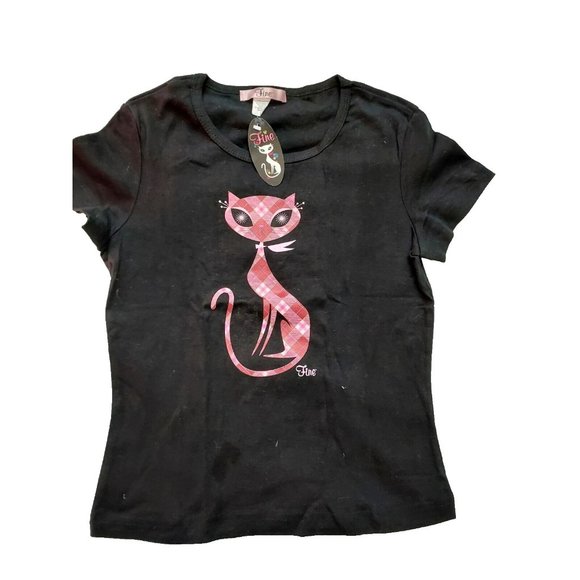 Vintage French Kitty by Mighty Fine Womens Top, Plaid Cat, Black, Large - Picture 2 of 4